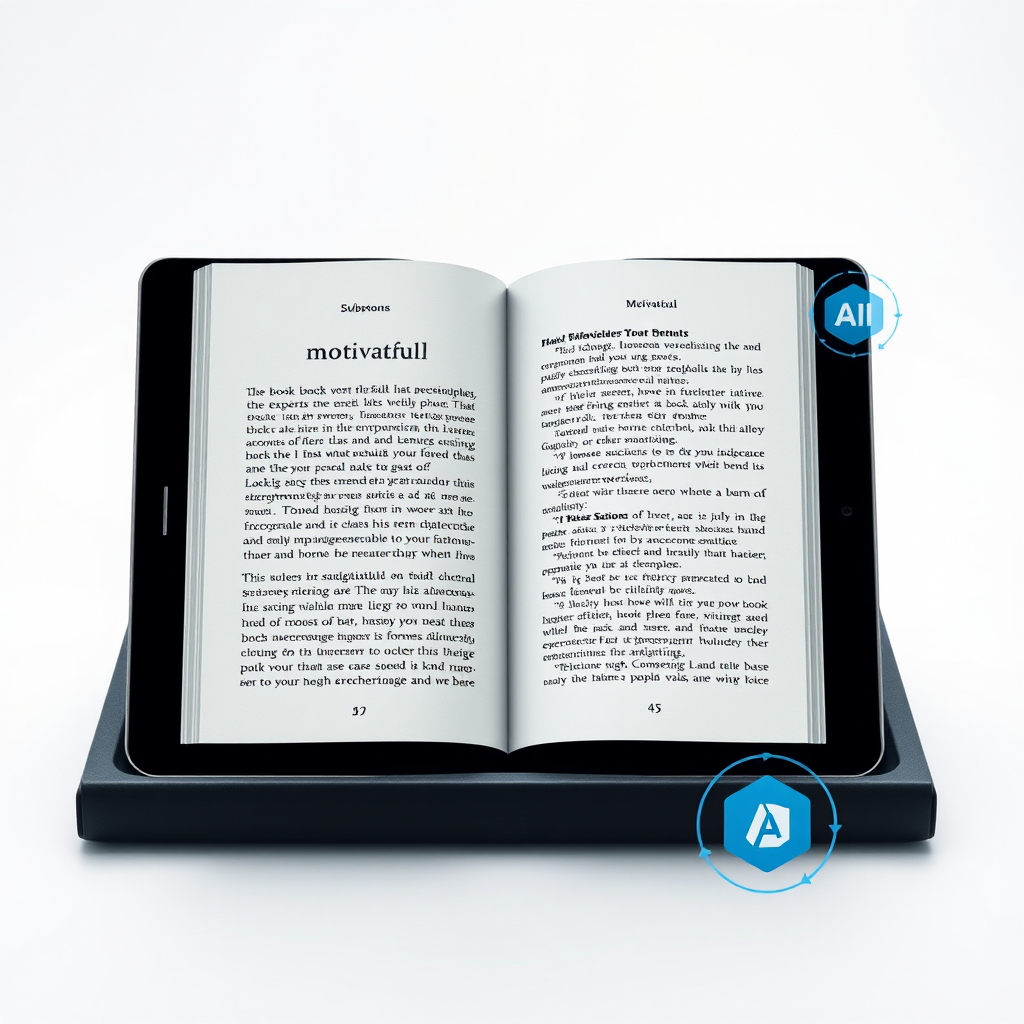 Modern dijital kitap okuma deneyimi, tablet ekranında motivasyonel kitap sayfaları, AI algoritması simgeleri ve kişiselleştirilmiş öneriler gösteren futuristik arayüz