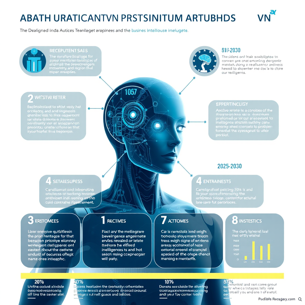 2025-2030 yılları arasında yapay zeka teknolojilerinin iş dünyasındaki gelişim trendlerini gösteren futuristik infografik